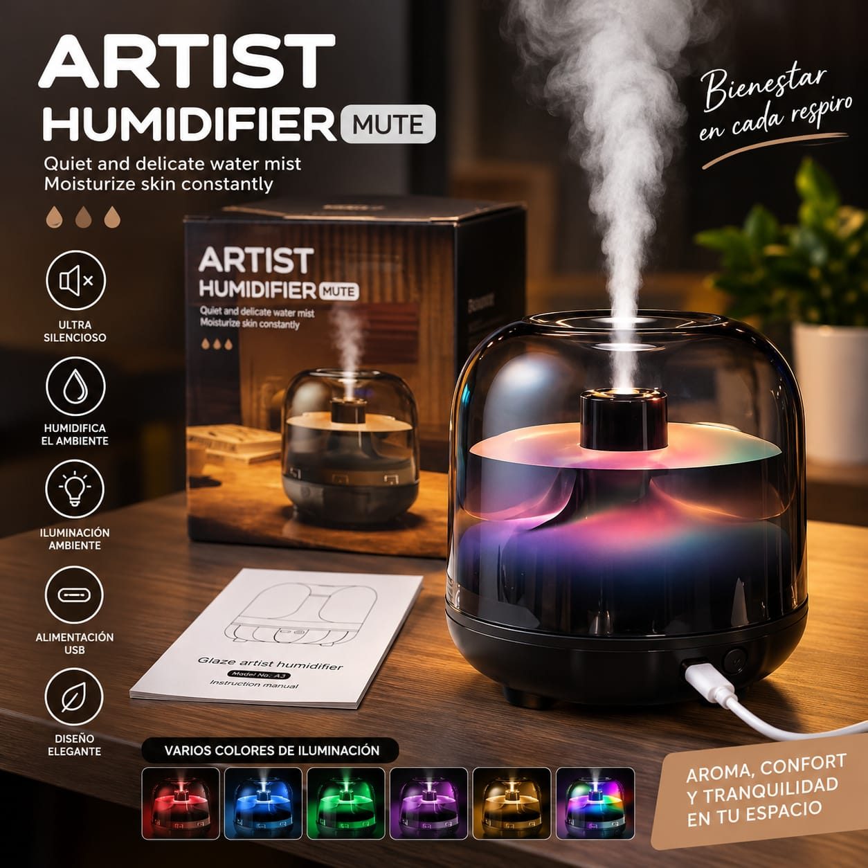 HUMIDIFICADOR CON LUZ LED 500 ML