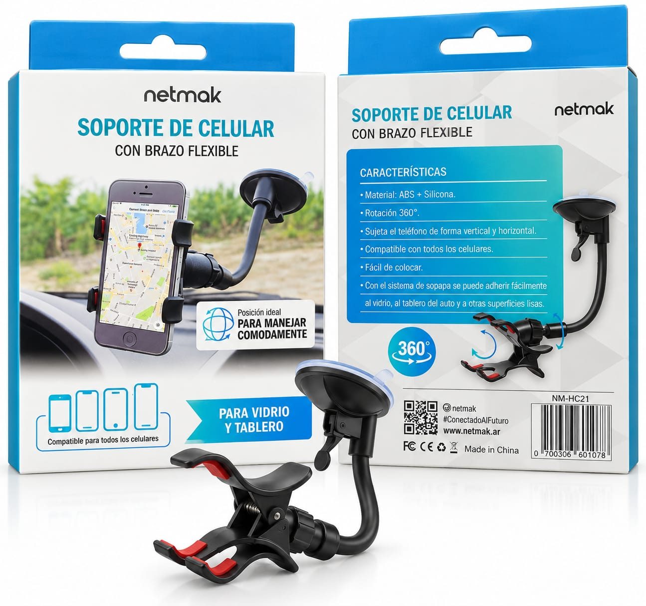 SOPORTE PARA AUTO MARCA NETMAK CON BRAZO FLEXIBLE