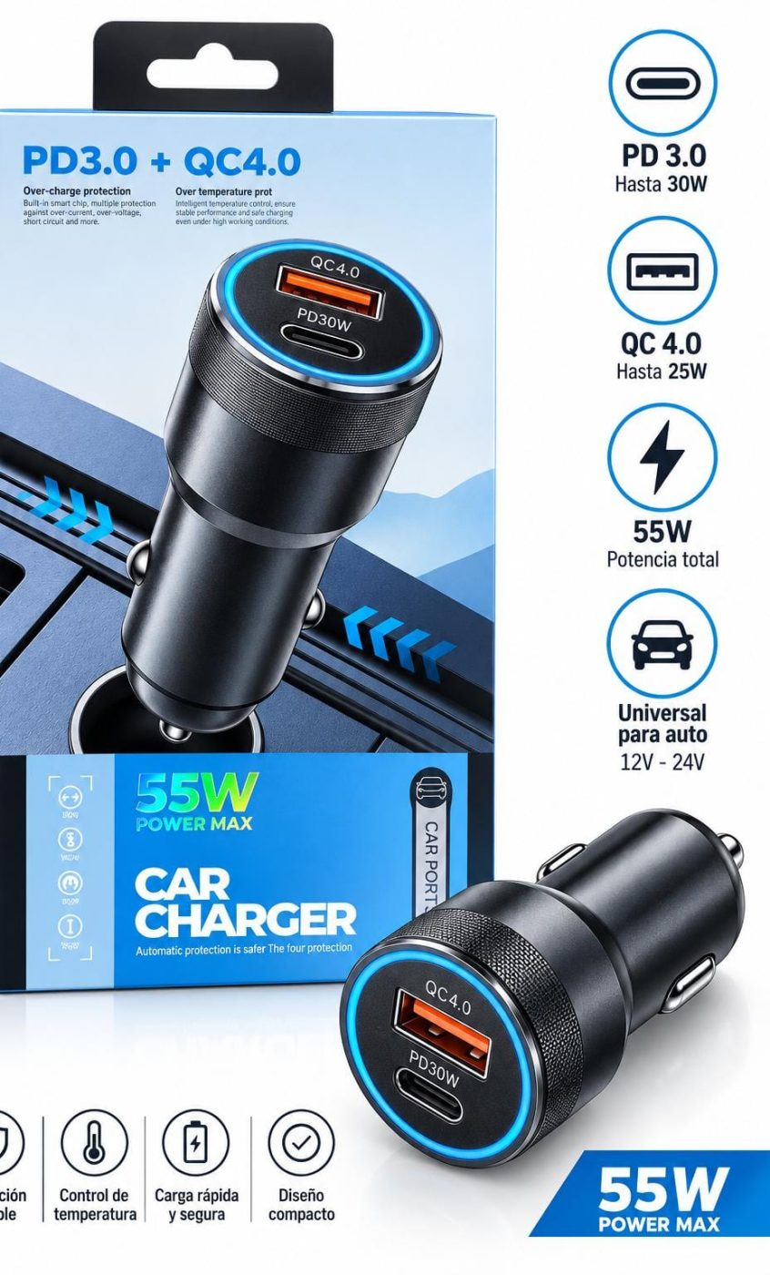CARGADOR PARA AUTO 55W 1 USB + TIPO C