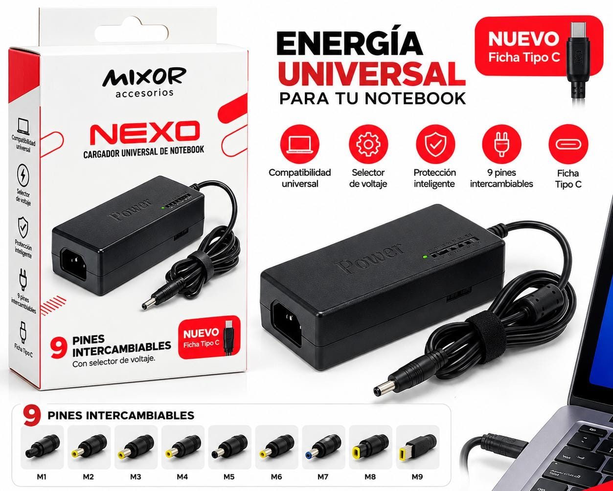 CARGADOR DE NOTEBOOK MIXOR - NEXO 9 PINES CON TC